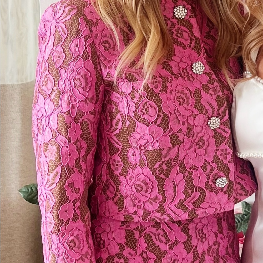 Pink Lace Overlay Women's Jacket & Skirt Set